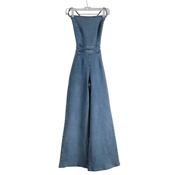 Good American Vacay Denim Jumpsuit Lace Up Back Flare Leg Stretchy Size 2 - Picture 3 of 10